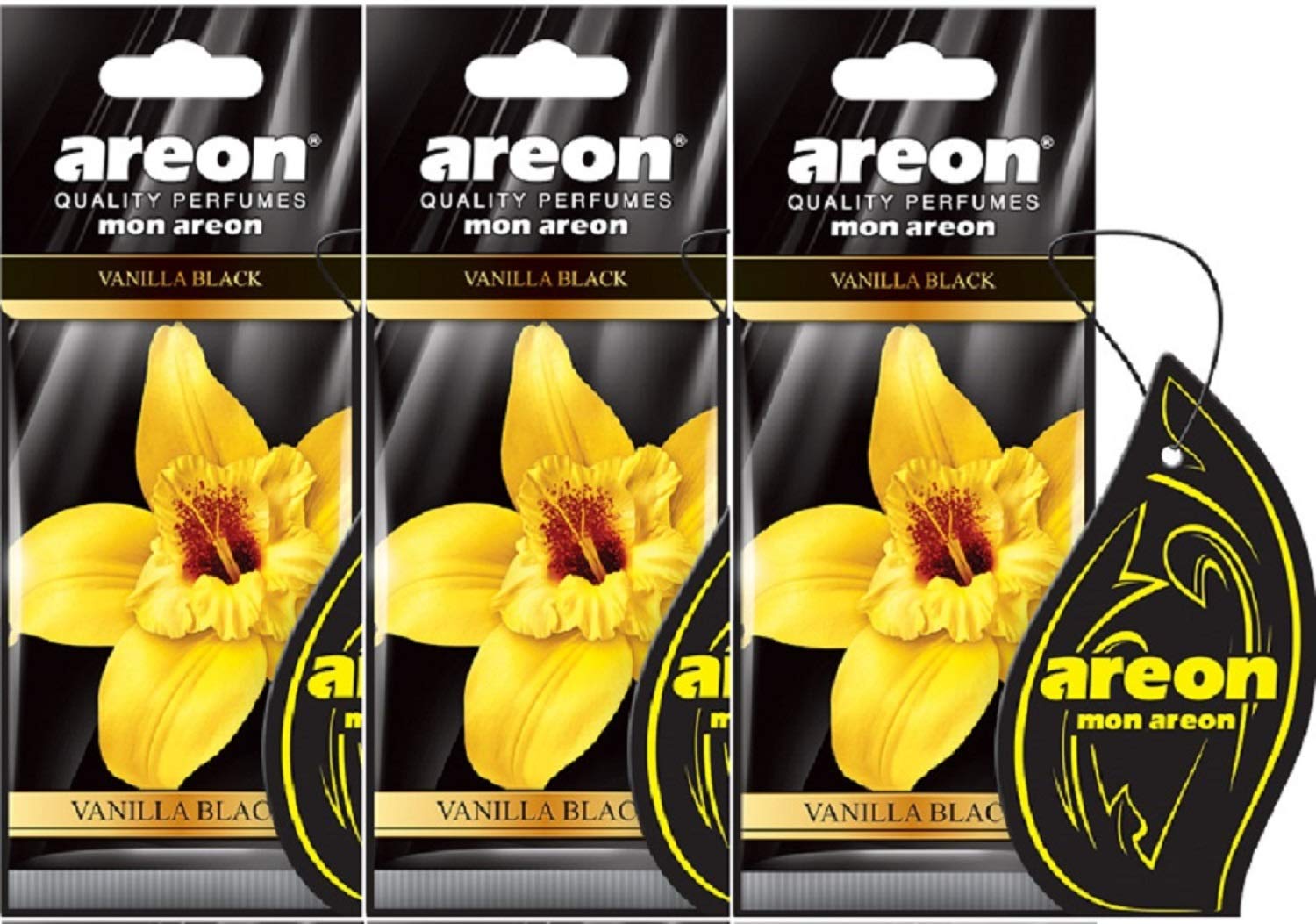 AREON Mon Auto Lufterfrischer Vanille Schwarz Duft Autoduft Hängend Aufhängen Anhänger Spiegel Pappe 2D Wohnung (Vanilla Black Set Pack x 3) von AREON