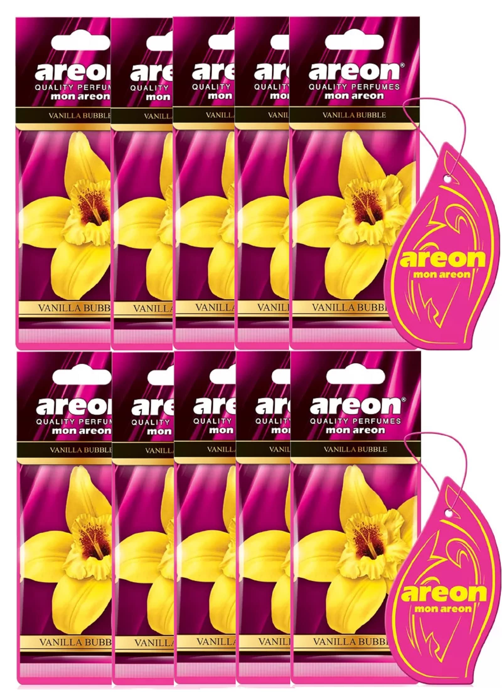 AREON Mon Autoduft Vanille Bubble Gum Pink Rosa Auto Duft Lufterfrischer Kaugummi Hängend Aufhängen Anhänger Spiegel Pappe 2D Wohnung (Vanilla Bubble Set Pack x 10) von AREON