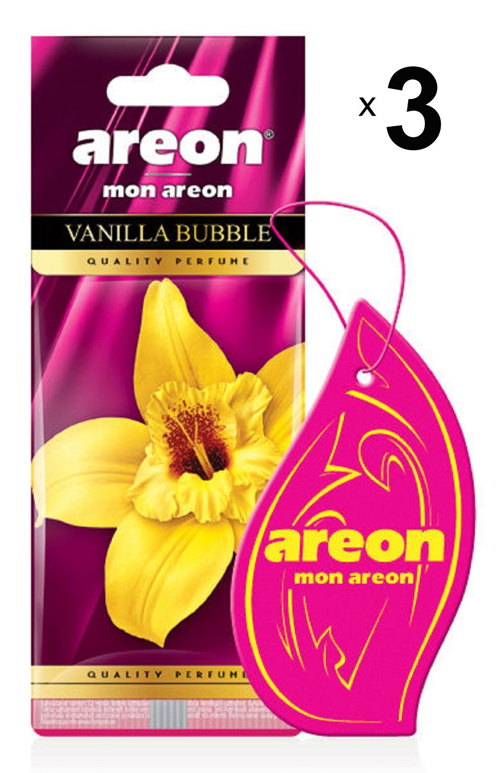 AREON Mon Autoduft Vanille Bubble Gum Pink Rosa Auto Duft Lufterfrischer Kaugummi Hängend Aufhängen Anhänger Spiegel Pappe 2D Wohnung (Vanilla Bubble Set Pack x 3) von AREON