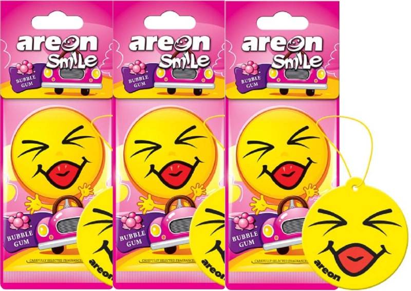 AREON Smile Dry Auto-Lufterfrischer Bubble Gum Sweet Bubblegum Yellow Fun Multi 3er Pack von AREON