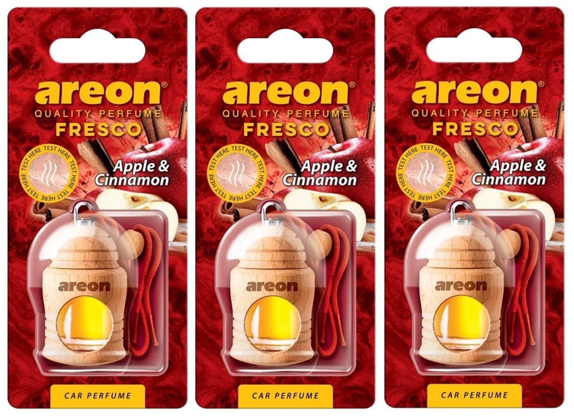 AREON Fresco Auto Duft Apfel Zimt Glas Duftflakon Flakon Holz Hängend Anhänger Spiegel Rot 4ml (Pack x 3) von AREON