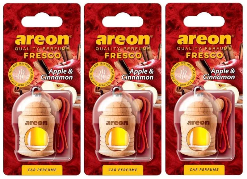 Areon Fresco Auto Duft Apfel Zimt Glas Duftflakon Flakon Holz Hängend Anhänger Spiegel Rot 4ml (Pack x 3) von AREON