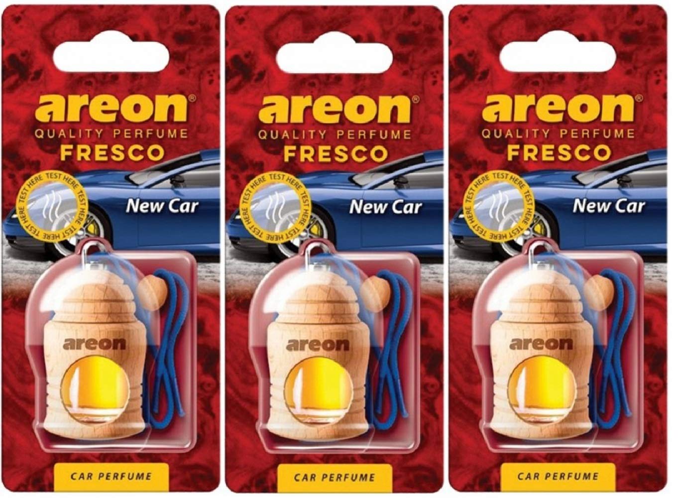 AREON Fresco Auto Duft New Car Neues Auto Neuwagen Blau Glas Duftflakon Holz Flakon Set Hängend Anhänger Spiegel 4ml (Pack x 3) von AREON