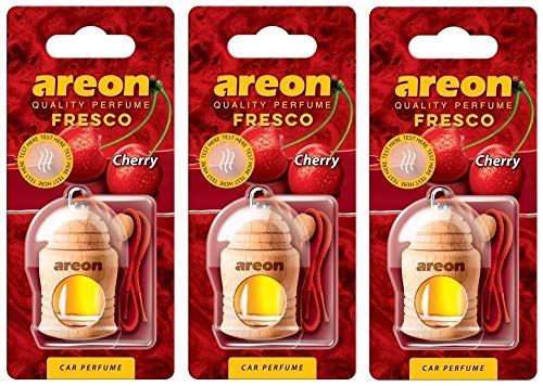 Areon Fresco Kirsche Auto Duft Rot Glas Duftflakon Flakon Holz Hängend Anhänger Spiegel Set 4ml (Pack x 3) von AREON