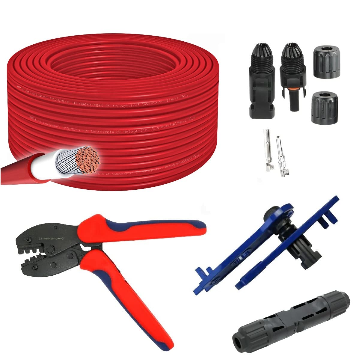 50m ARLI Solarkabel H1Z2Z2-K 6mm² Rot + Crimpzange + 10 Paar Solarstecker/Buchse IP68 1500V + Schraubenschlüssel Werkzeug Set von ARLI