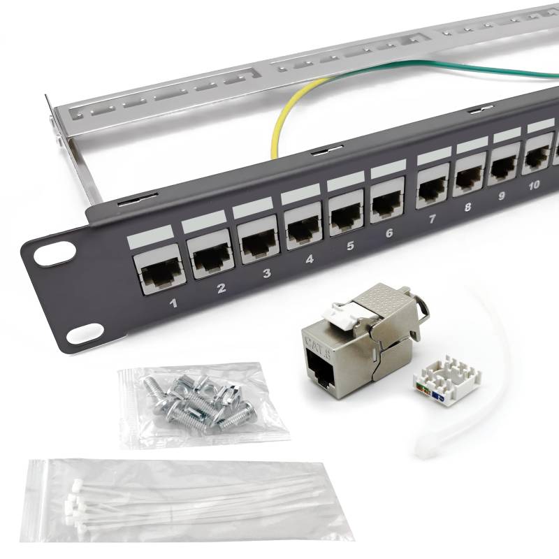 ARLI 24 Port 19" Patchpanel Set Patchfeld Modular 1HE 19 Zoll Rackeinbau + 24x Keystone Module CAT8.1 Kompatibel CAT7 LAN Netzwerk Verlegekabel Schwarz von ARLI