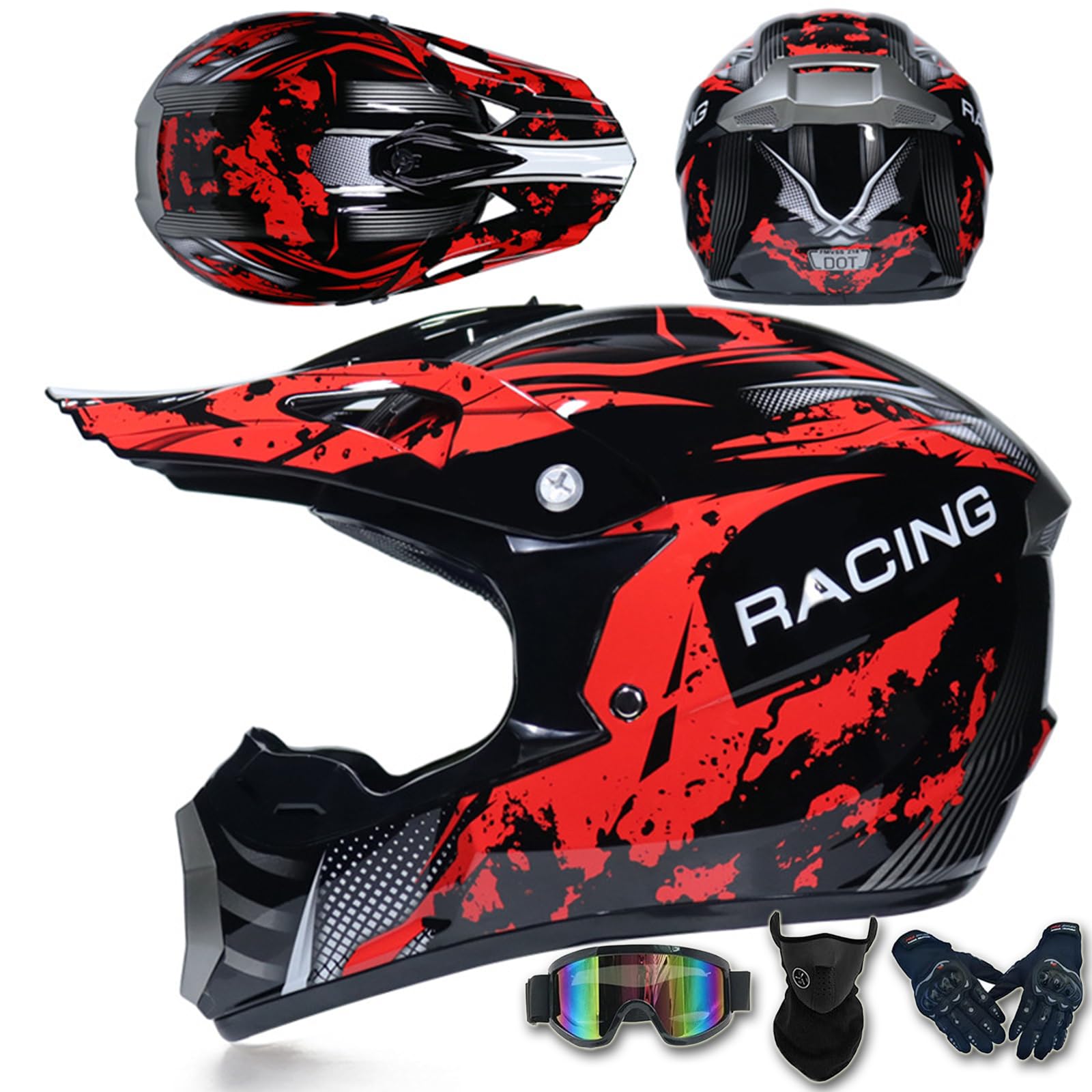 Motocross-Helm für Kinder und Jugendliche mit Schutzbrille Handschuhen Gesichtsschutz DOT/ECE-geprüft bequemer atmungsaktiver Dirtbike-Integralhelm für ATV-Rennen Touren,Color A-L(56~57cm) von ARMAAN