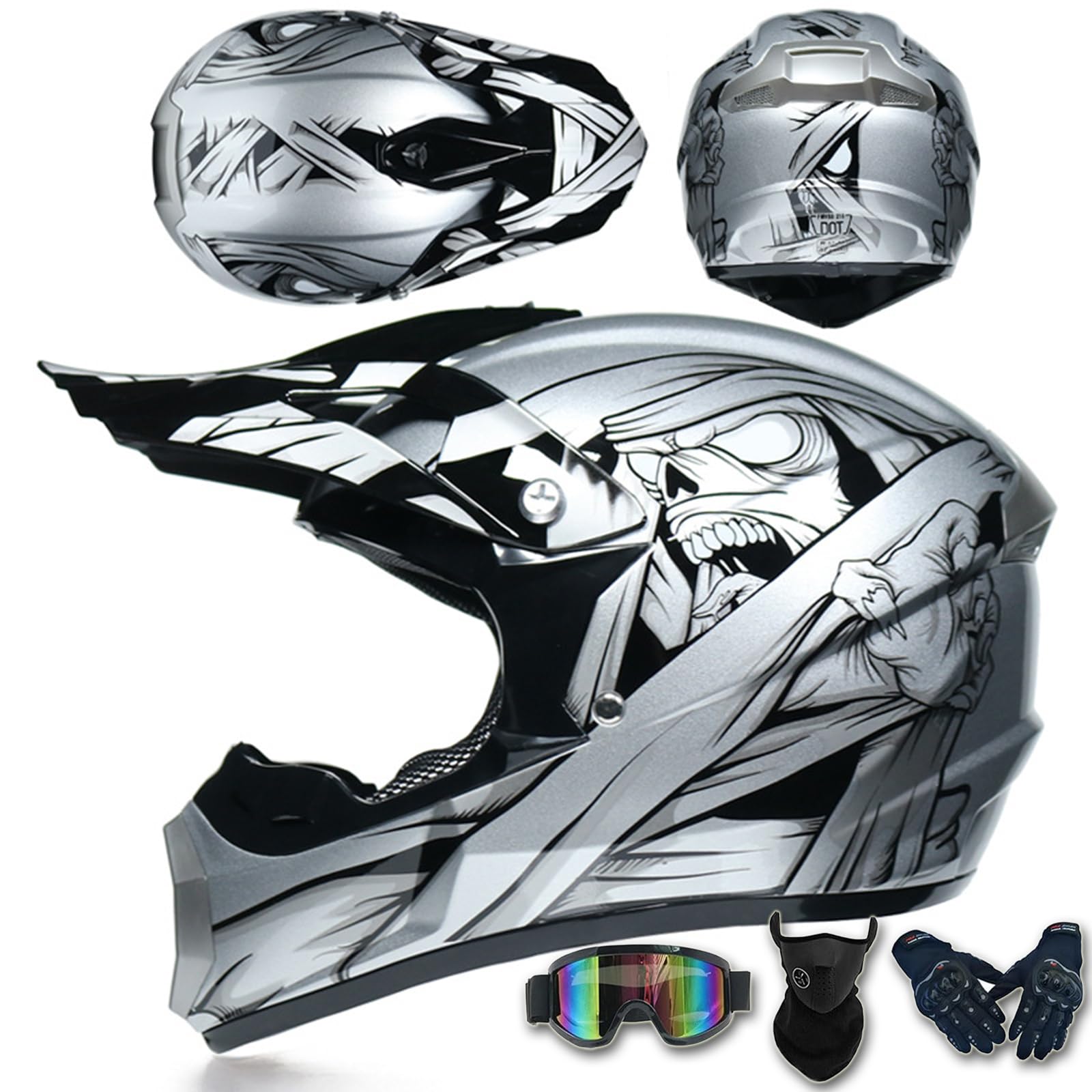 Motocross-Helm für Kinder und Jugendliche mit Schutzbrille Handschuhen Gesichtsschutz DOT/ECE-geprüft bequemer atmungsaktiver Dirtbike-Integralhelm für ATV-Rennen Touren,Color C-L(56~57cm) von ARMAAN