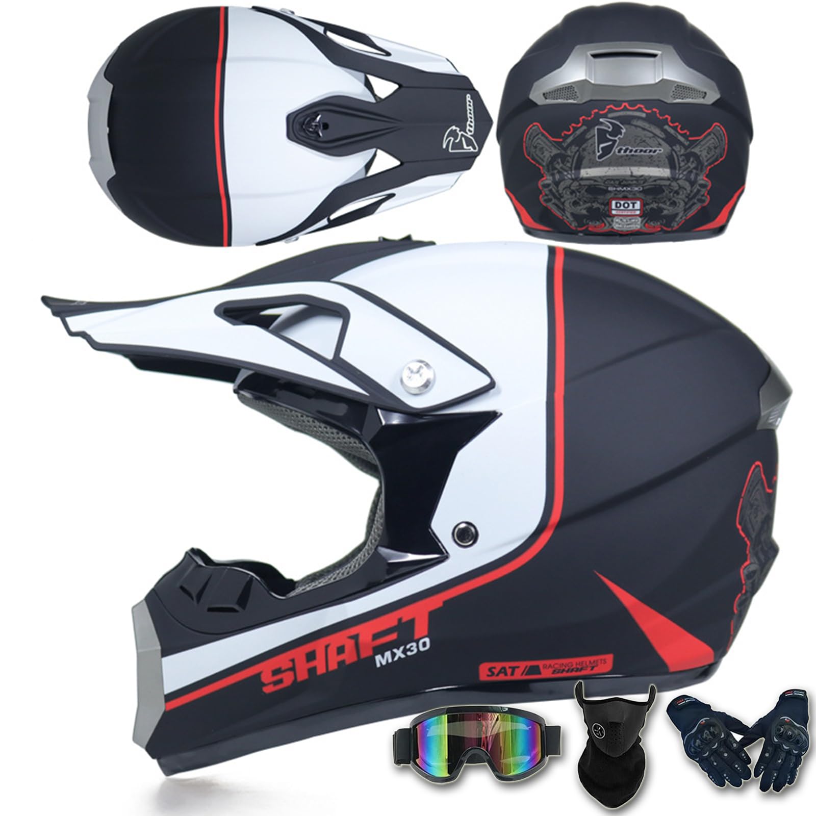 Motocross-Helm für Kinder und Jugendliche mit Schutzbrille Handschuhen Gesichtsschutz DOT/ECE-geprüft bequemer atmungsaktiver Dirtbike-Integralhelm für ATV-Rennen Touren,Color D-L(56~57cm) von ARMAAN