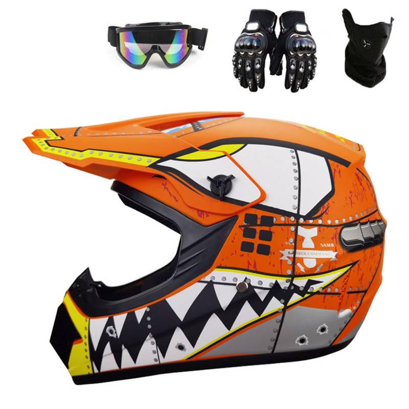 Motocross-Helm mit Hai-Muster Schutzbrille Handschuhe Gesichtsschutz Dirtbike-Sturzhelme für Jugendliche und Erwachsene Outdoor-Downhill-Mountainbike-Abenteuer ATV Offroad,Color C-XL(59~60cm) von ARMAAN