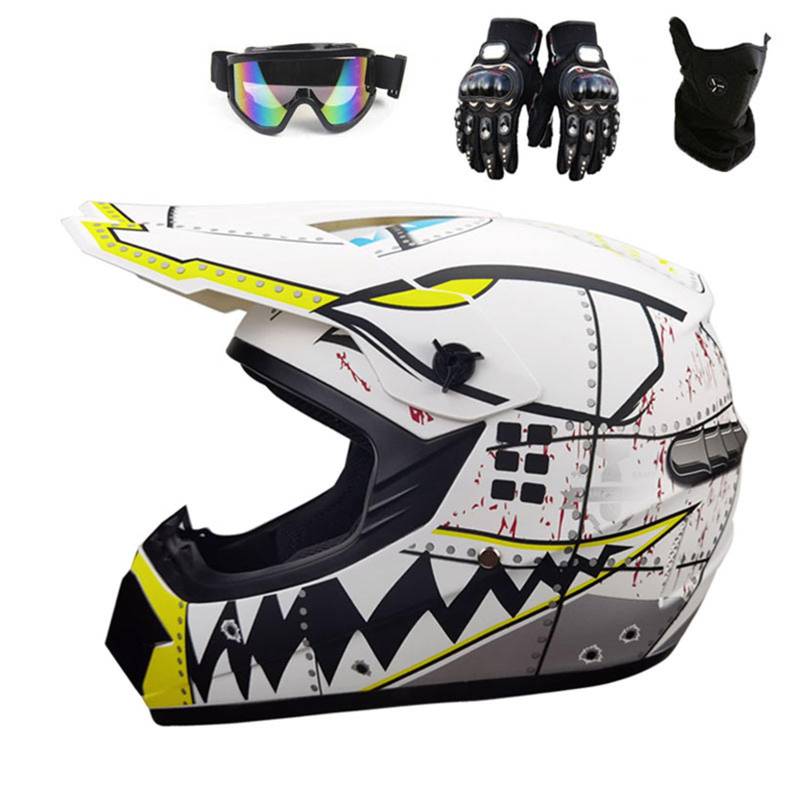 Motocross-Helm mit Hai-Muster Schutzbrille Handschuhe Gesichtsschutz Dirtbike-Sturzhelme für Jugendliche und Erwachsene Outdoor-Downhill-Mountainbike-Abenteuer ATV Offroad,Color D-XL(59~60cm) von ARMAAN