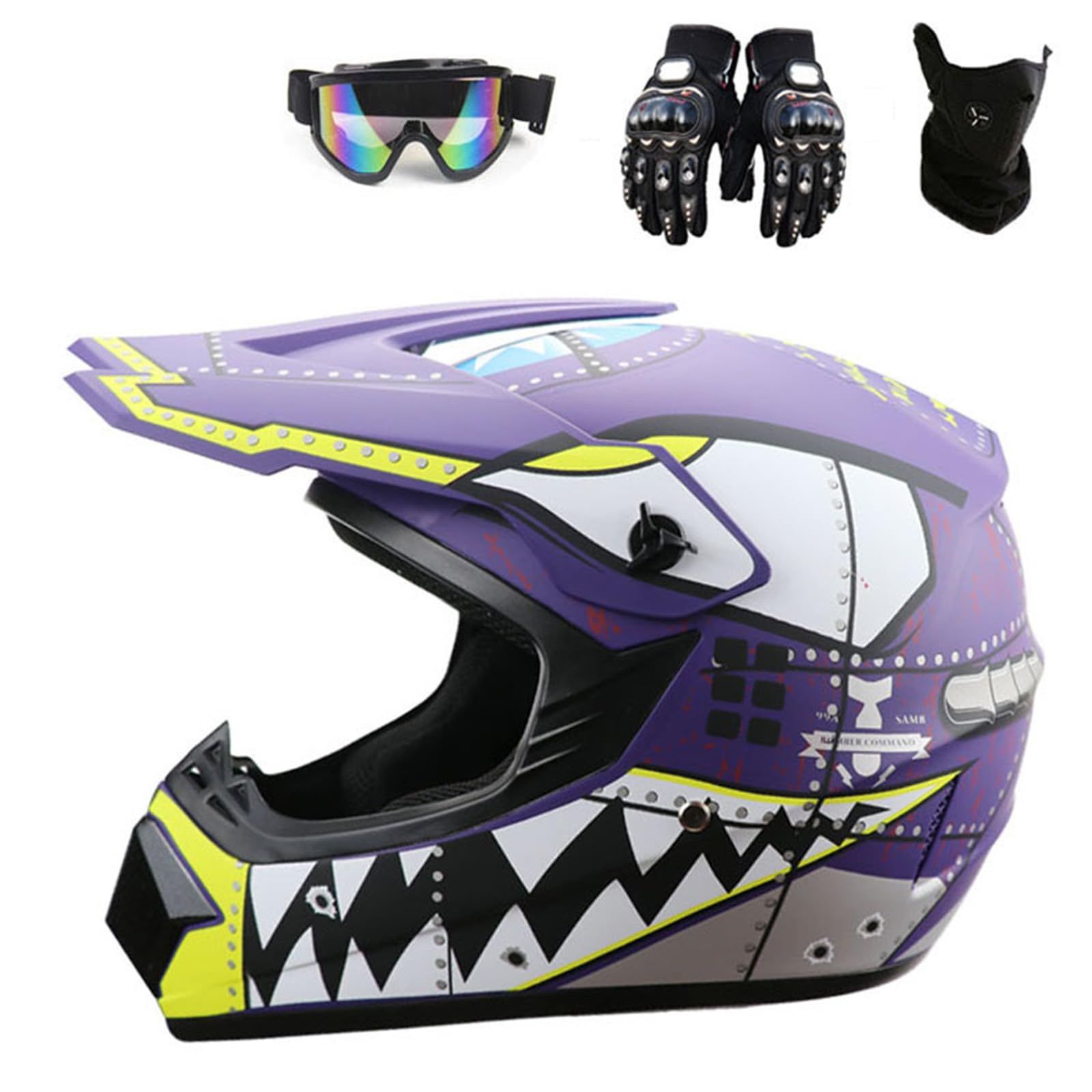 Motocross-Helm mit Hai-Muster Schutzbrille Handschuhe Gesichtsschutz Dirtbike-Sturzhelme für Jugendliche und Erwachsene Outdoor-Downhill-Mountainbike-Abenteuer ATV Offroad,Color E-XL(59~60cm) von ARMAAN