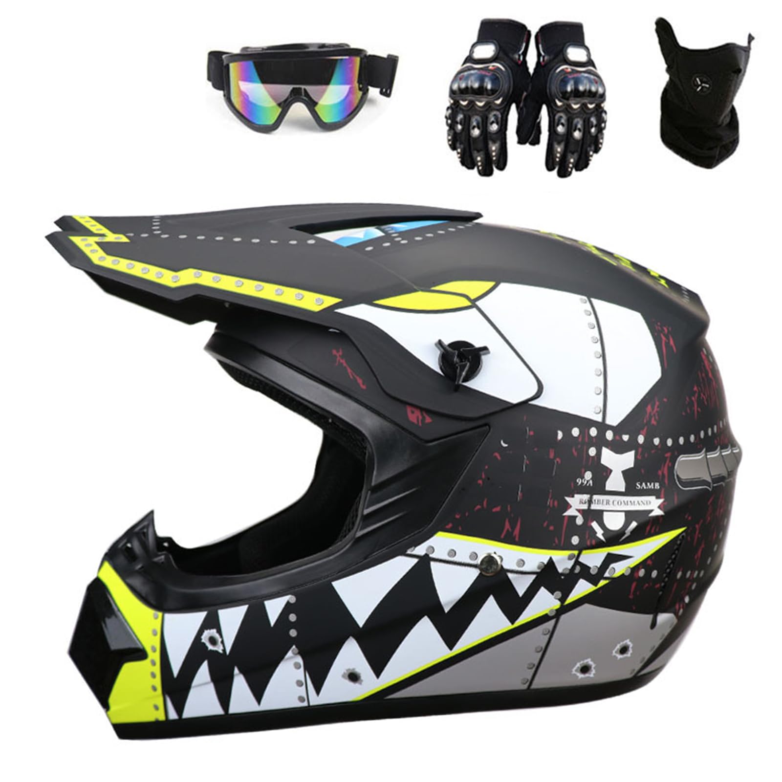 Motocross-Helm mit Hai-Muster Schutzbrille Handschuhe Gesichtsschutz Dirtbike-Sturzhelme für Jugendliche und Erwachsene Outdoor-Downhill-Mountainbike-Abenteuer ATV Offroad,Color F-XL(59~60cm) von ARMAAN