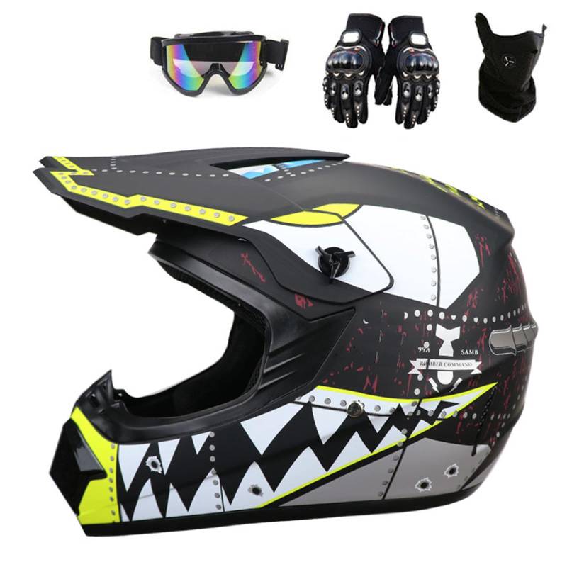 Motocross-Helm mit Hai-Muster Schutzbrille Handschuhe Gesichtsschutz Dirtbike-Sturzhelme für Jugendliche und Erwachsene Outdoor-Downhill-Mountainbike-Abenteuer ATV Offroad,Color F-XL(59~60cm) von ARMAAN