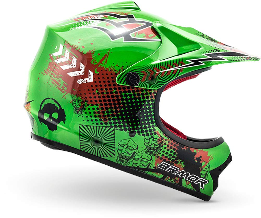 ARMOR HELMETS® AKC-49 „Green“ · Kinder Cross-Helm · Motorrad-Helm MX Cross-Helm MTB BMX Cross-Bike Downhill Off-Road Enduro-Helm Moto-Cross Sport · DOT Schnellverschluss Tasche L (57-58cm) von ARMOR HELMETS