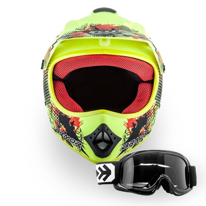 ARMOR HELMETS® AKC-49 Set „Limited Yellow“ · Kinder Cross-Helm · Motorrad-Helm MX Cross-Helm MTB BMX Cross-Bike Downhill Off-Road Enduro-Helm Sport · DOT Schnellverschluss Tasche L (57-58cm) von ARMOR HELMETS