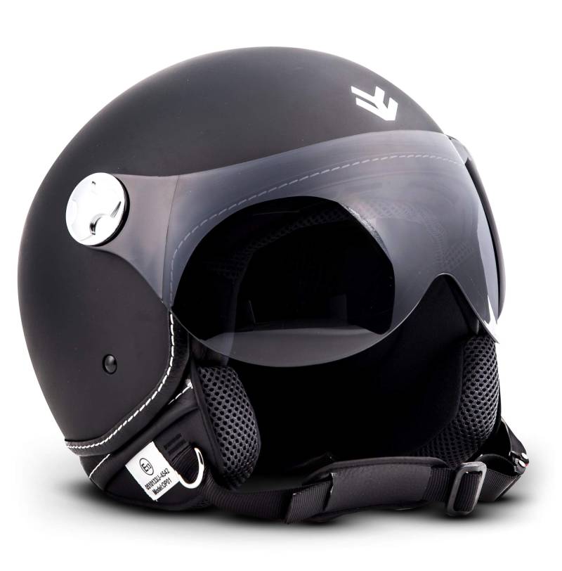 ARMOR HELMETS® AV-84 „Matt Black“ · Jet-Helm · Motorrad-Helm Roller-Helm Scooter-Helm Moped Mofa-Helm Chopper Retro Vespa Vintage Pilot Biker · ECE 22.05 Visier Schnellverschluss Tasche M (57-58cm) von ARMOR HELMETS