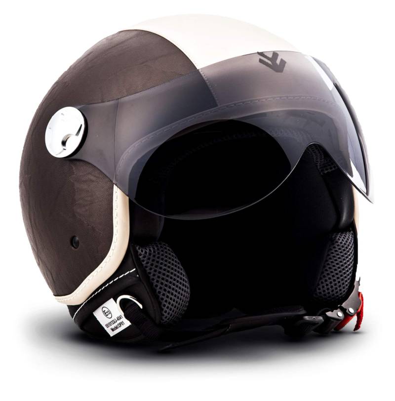 ARMOR HELMETS® AV-84 „Vintage Brown“ · Jet-Helm · Motorrad-Helm Roller-Helm Scooter-Helm Moped Mofa-Helm Chopper Retro Vespa Vintage Pilot Biker · ECE 22.05 Visier Schnellverschluss Tasche M (57-58cm) von ARMOR HELMETS