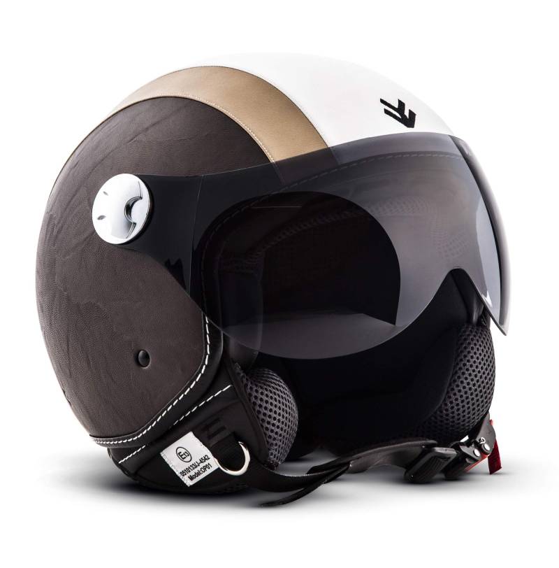 ARMOR HELMETS® AV-84 „Vintage Creme“ · Jet-Helm · Motorrad-Helm Roller-Helm Scooter-Helm Moped Mofa-Helm Chopper Retro Vespa Vintage Pilot Biker · ECE 22.05 Visier Schnellverschluss Tasche L (59-60cm) von ARMOR HELMETS