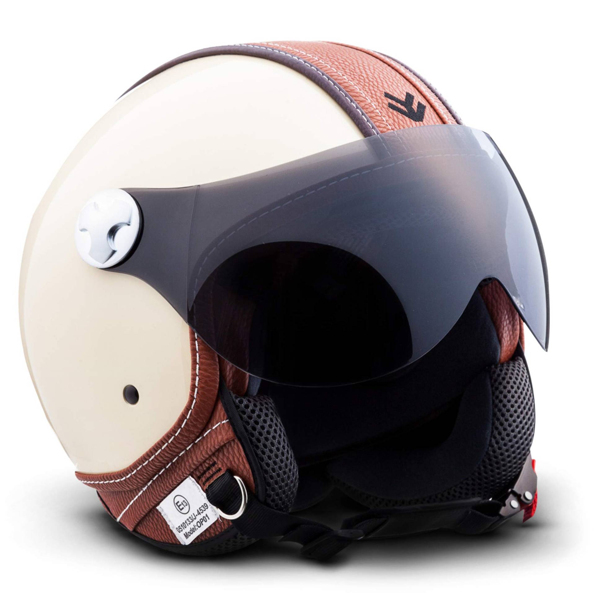 ARMOR HELMETS® AV-84 „Vintage Deluxe Creme“ · Jet-Helm · Motorrad-Helm Roller-Helm Scooter-Helm Moped Mofa-Helm Chopper Retro Vespa Vintage · ECE 22.05 Visier Schnellverschluss Tasche L (59-60cm) von ARMOR HELMETS