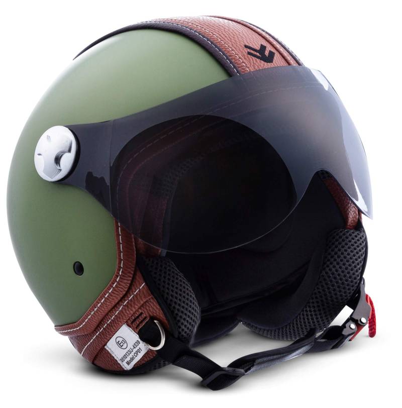 ARMOR HELMETS® AV-84 „Vintage Deluxe Green“ · Jet-Helm · Motorrad-Helm Roller-Helm Scooter-Helm Moped Mofa-Helm Chopper Retro Vespa Vintage · ECE 22.05 Visier Schnellverschluss Tasche L (59-60cm) von ARMOR HELMETS