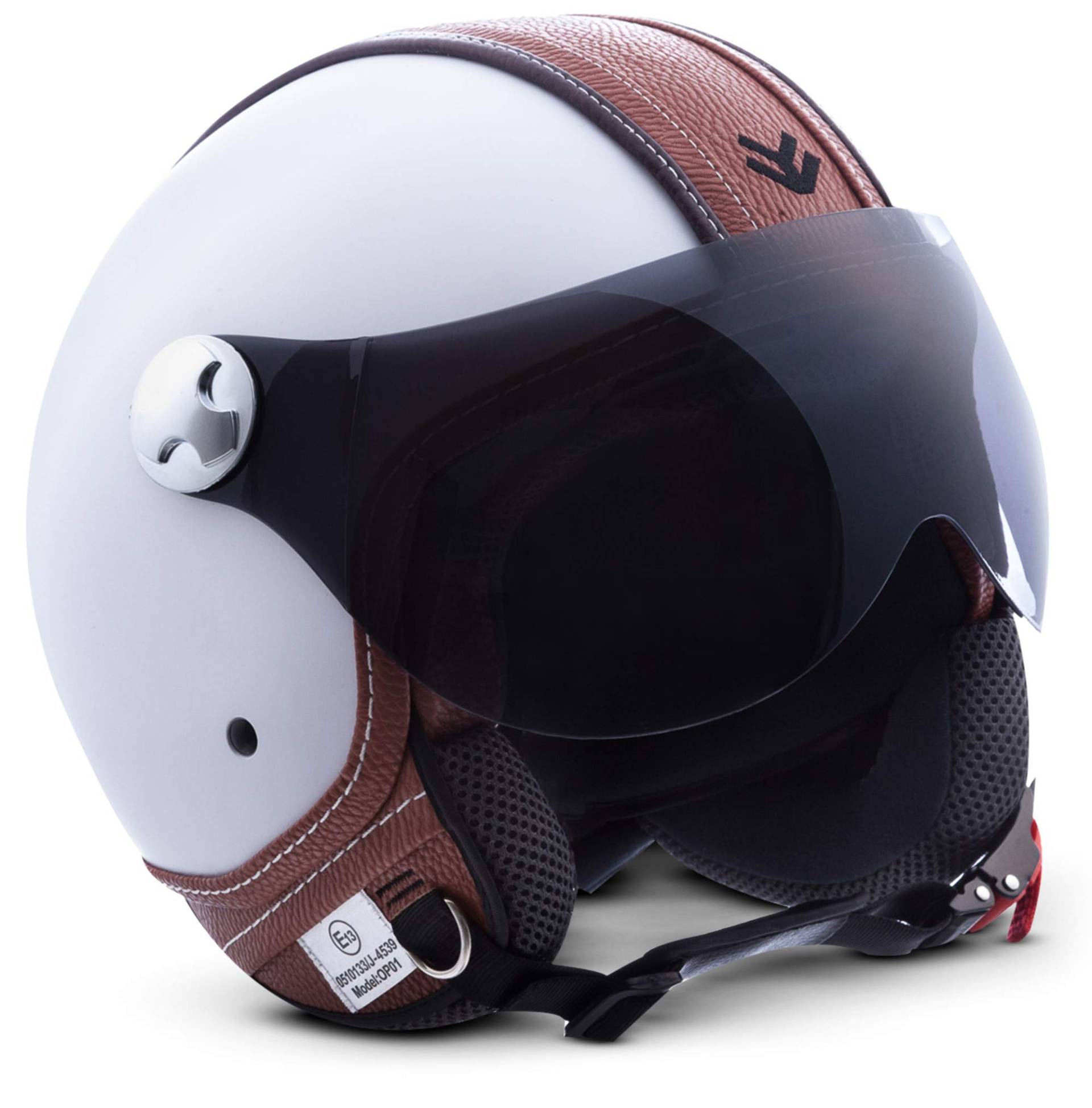 ARMOR HELMETS® AV-84 „Vintage Deluxe White“ · Jet-Helm · Motorrad-Helm Roller-Helm Scooter-Helm Moped Mofa-Helm Chopper Retro Vespa Vintage · ECE 22.05 Visier Schnellverschluss Tasche L (59-60cm) von ARMOR HELMETS