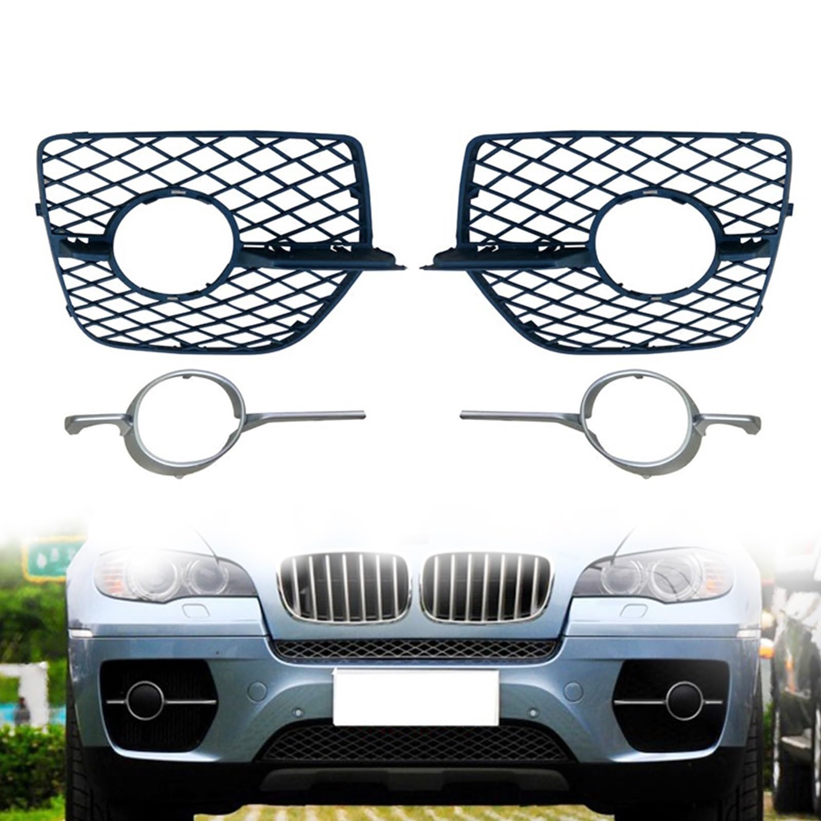 4-teiliges Set ， for BMW ， for X6 E71 E72 Hyb 2008-2014 Frontstoßstange Nebelscheinwerfer Nebelscheinwerfer Seitlicher Gittergrill Zierleiste Dekorabdeckung 51117176277 51117176278 Frontgrills von ARRPO