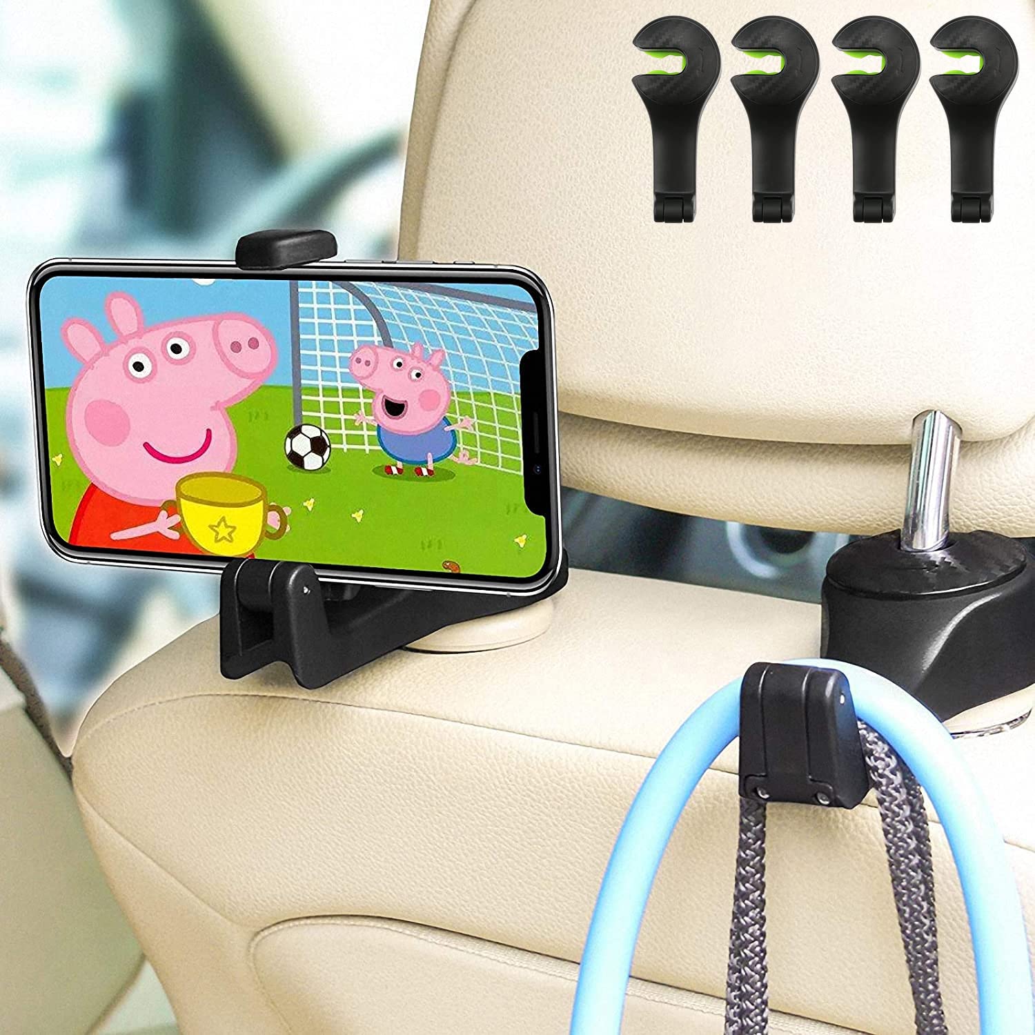 Auto Kopfstützen Haken, ASANMU 4 Stück Auto Haken Auto Aufhänger mit Telefon Halter, Universal Fahrzeug Autositz Haken Halter mit Handyhalterung für Handy/handtasche, Universal Auto Zubehör von ASANMU