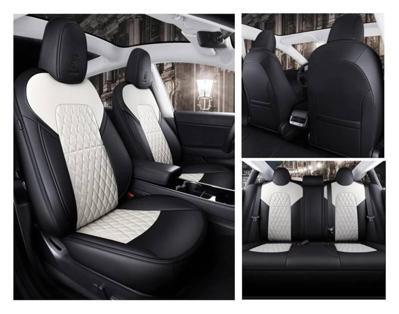 ASHILD Auto Sitzbezüge Für Model 3 Für Model Y Auto Sitz Set Sitzkissen Abdeckung Schutz Nach Level Leder Auto Sitz Abdeckung(5pcs Black White) von ASHILD