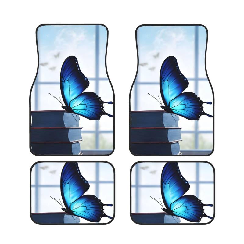 (Blauer Schmetterling) bedruckte Autofußmatten Set mit 4 wasserdichten Vorder- und Hinterrad-Fußmatten für Auto-Innenzubehör von ASPOIJHN