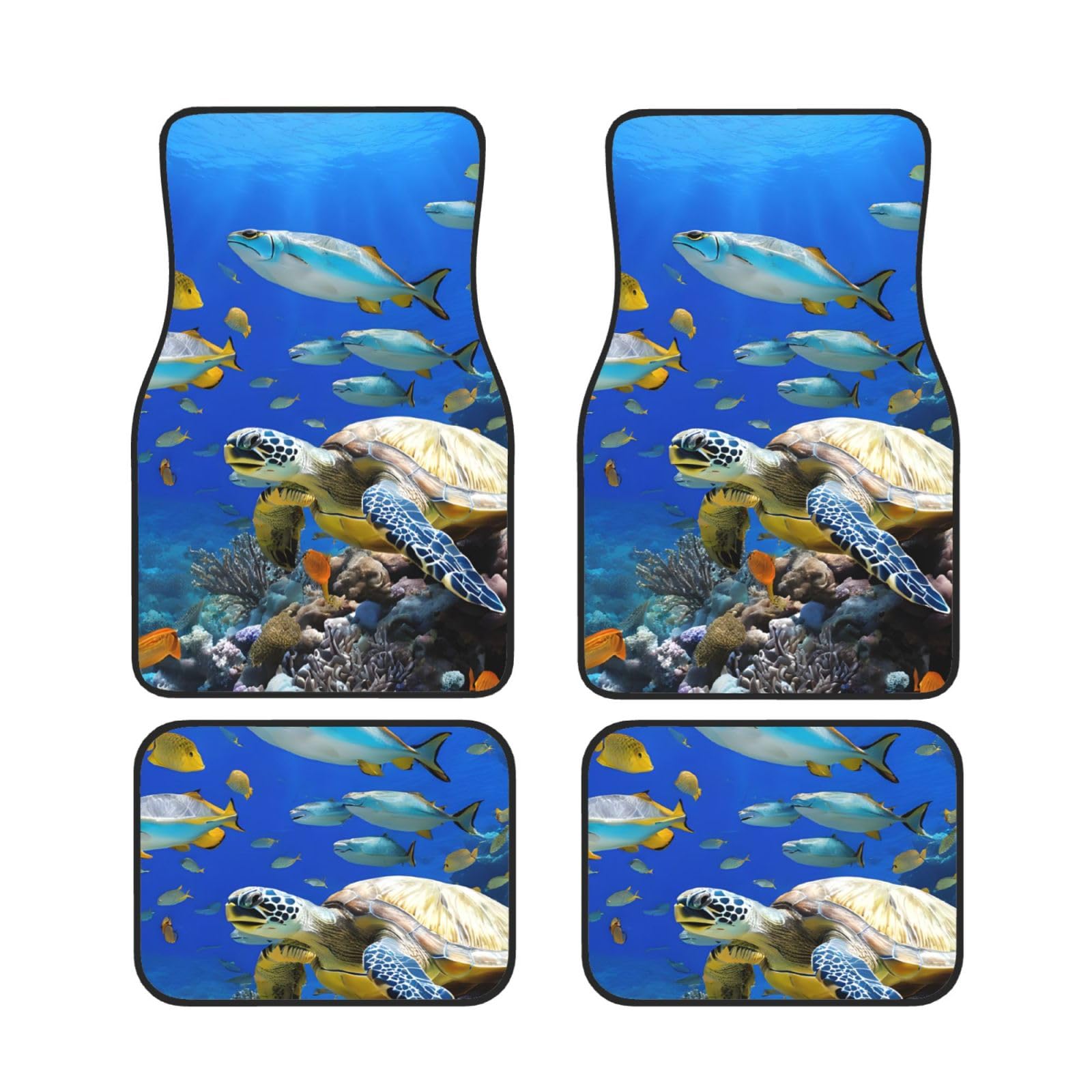 (Meeresschildkröte mit Fischen) bedruckte Autofußmatten Set mit 4 wasserdichten Vorder- und Rückmatten für Auto-Innenzubehör von ASPOIJHN