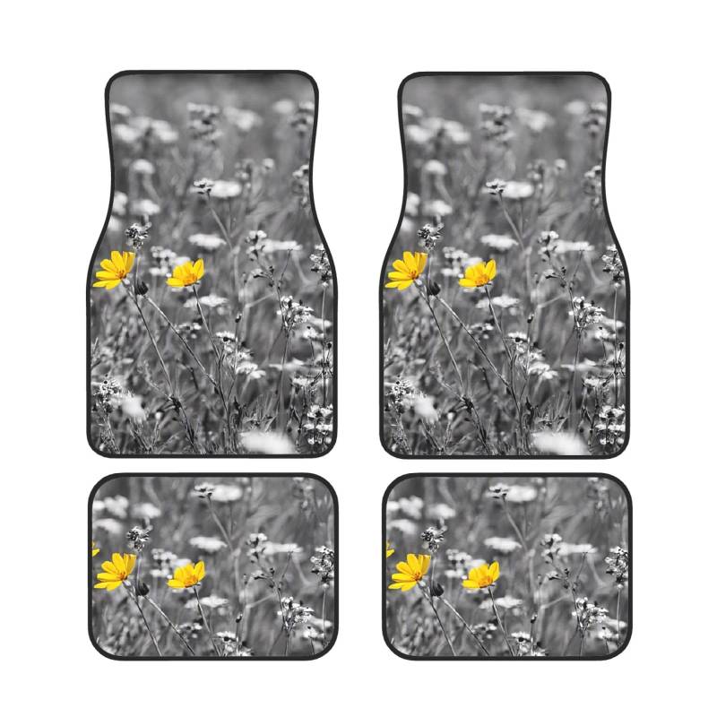 (Schwarz und Weiß Sonnenblumen) bedruckte Autofußmatten Set mit 4 wasserdichten vorderen und hinteren Automatten für Auto-Innenzubehör von ASPOIJHN