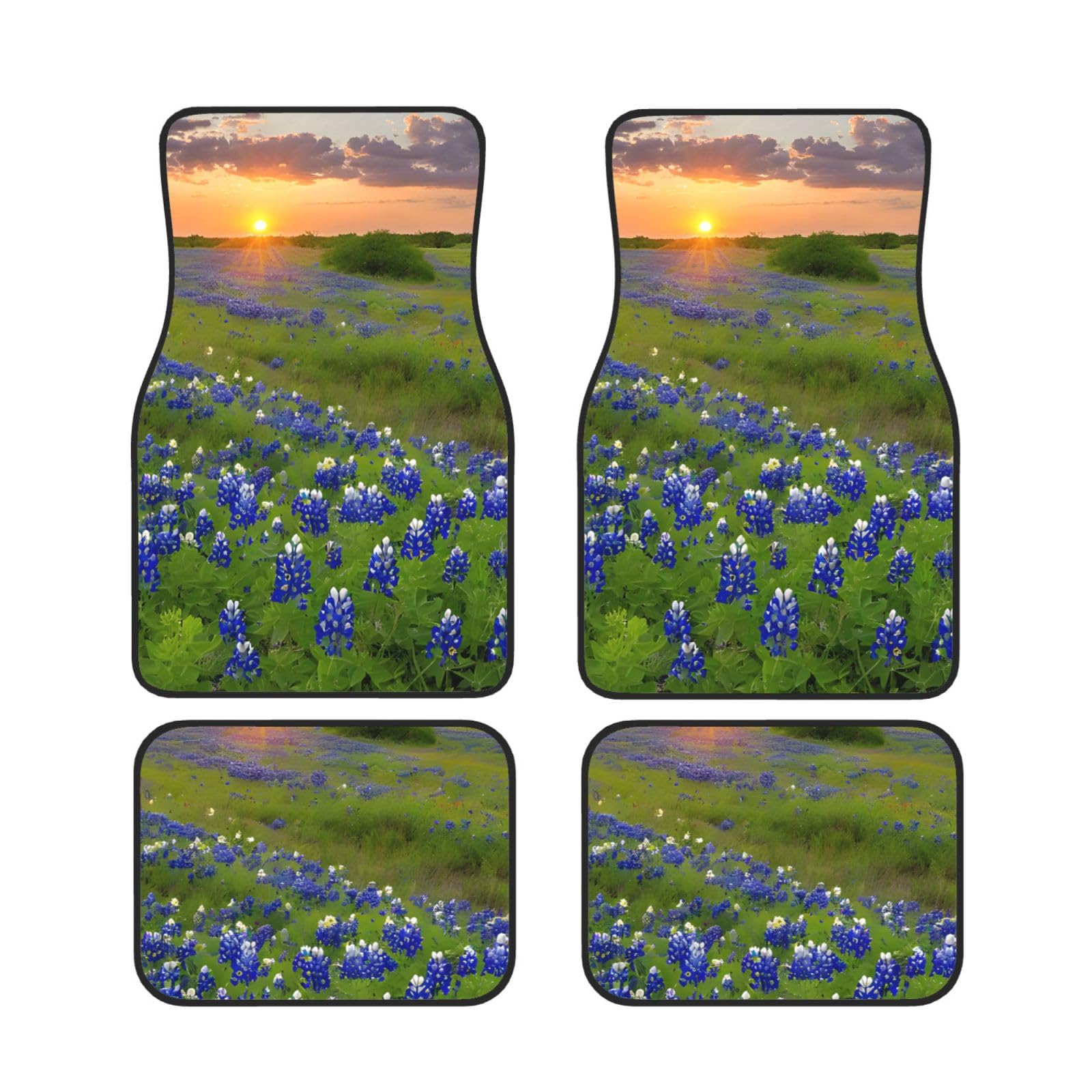 (Texas Bluebonnets Scenery) bedruckte Autofußmatten Set mit 4 wasserdichten vorderen und hinteren Autoteppichen für Auto-Innenzubehör von ASPOIJHN