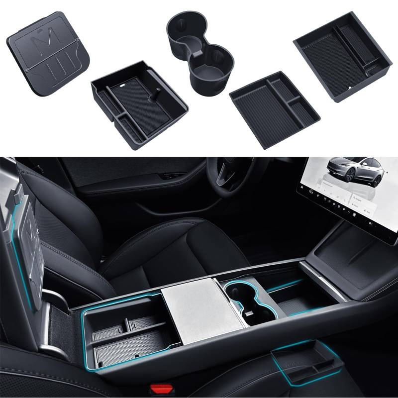 ASZSK 5 Pcs Mittelkonsole Organizer für Tesla Model 3 2024 Zubehör, Mittelkonsole Aufbewahrungsbox Silikon Organizer Tray, Armlehne Aufbewahrungsbox, Versteckte Box und Getränkehalter von ASZSK