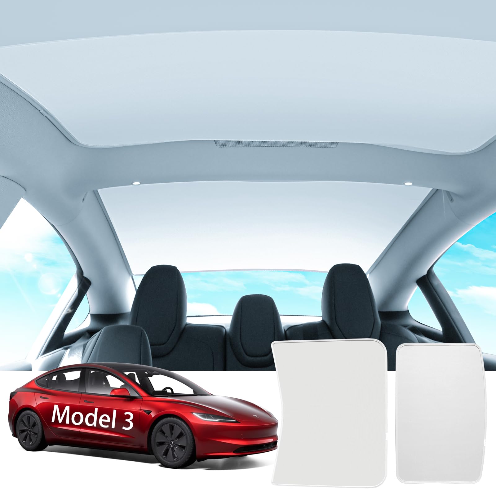 ASZSK Auto-Sonnenblende Glas-Schiebedach für Tesla Model 3 2024 Highland, schützt Schiebedach, blockiert UV-Strahlen, kühlt ab, kommt in Zwei Teilen, faltbar, Lagerung von ASZSK