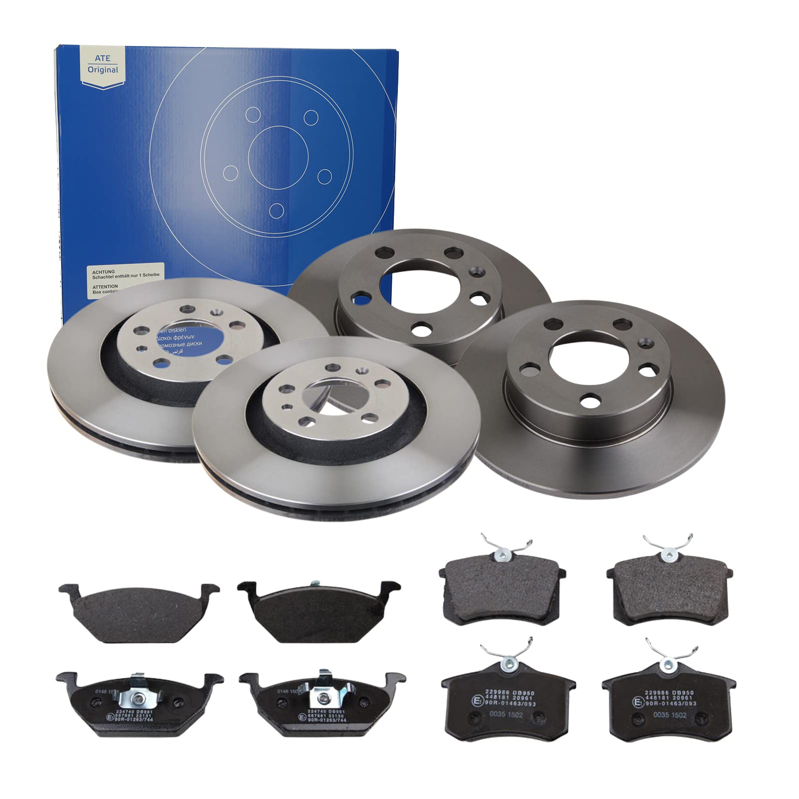 ATE Bremsen-Set 2 Bremsscheiben + Bremsbeläge Einbau Vorne Hinten Bremsscheiben-Set Scheibenbremsen SIZW21XVG6 passend für Audi A3 8L1 VW Golf 4 1J1 von ATE Bundle