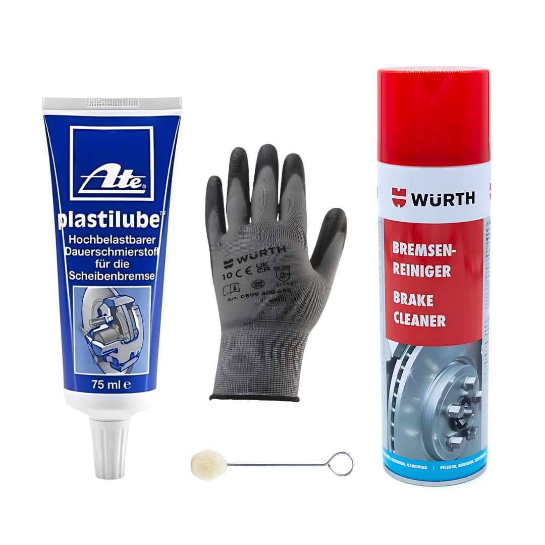 ATE Plastilube 75ml + Würth Bremsenreiniger 500ml + Würth Montagehandschuhe + Woll-Applikatorpinsel | Komplett-Set für Bremsenpflege und Montage von ATE & Würth Bundle