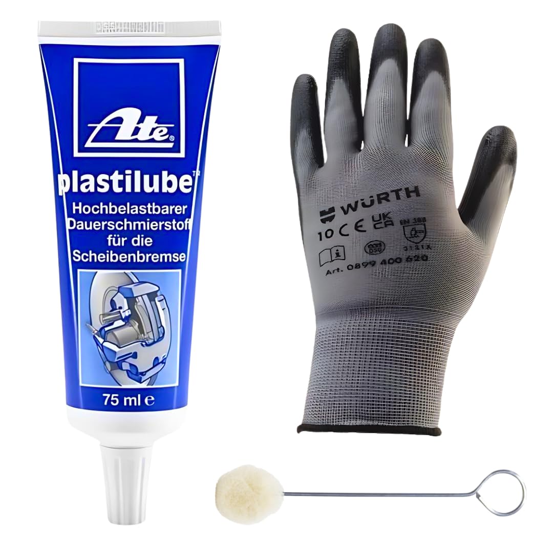 ATE Plastilube 75ml + Würth Montagehandschuhe + Woll-Applikatorpinsel | Komplett-Set für Bremsenpflege und Montage von ATE & Würth Bundle