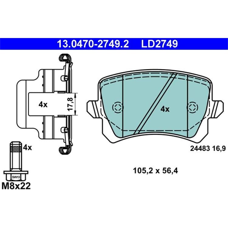 ATE Bremsbel?ge hinten Audi Seat Skoda Octavia VW Golf VI Passat von ATE