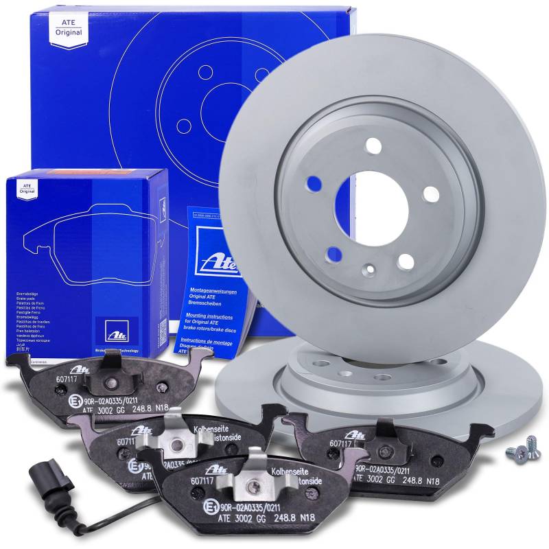 ATE Bremsenset Hinterachse inkl. Bremsscheiben hinten Ø 300 mm voll und Bremsbeläge hinten + Verschleißkontakt Kompatibel mit AUDI A6 C7 (4G2, 4GC), A6 C7 Avant (4G5, 4GD), A7 Sportback (4GA, 4GF) von ATE