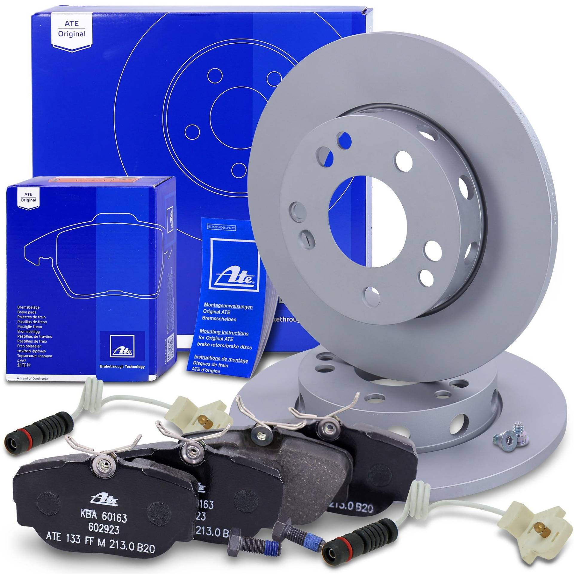 ATE Bremsenset Vorderachse inkl. Bremsscheiben vorne Ø 262 mm voll und Bremsbeläge vorne + Verschleißkontakt Kompatibel mit MERCEDES-BENZ 190 (W201) von ATE