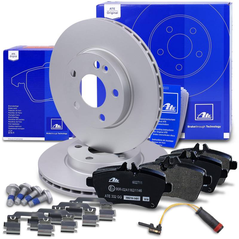 ATE Bremsenset Vorderachse inkl. Bremsscheiben vorne Ø 276 mm belüftet und Bremsbeläge vorne + Verschleißkontakt Kompatibel mit MERCEDES-BENZ A-Klasse (W169), B-Klasse Sports Tourer (W245) von ATE