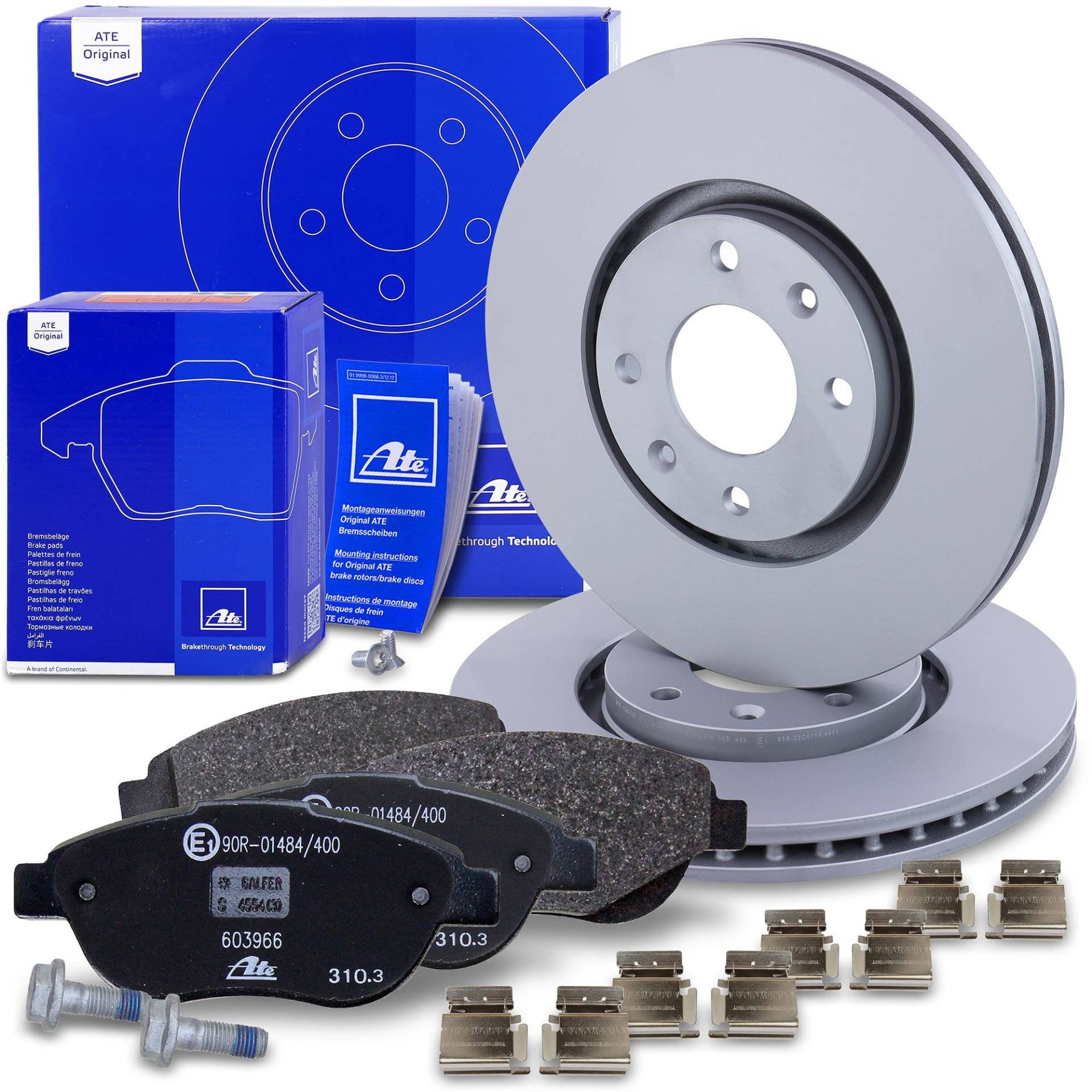 ATE Bremsenset Vorderachse inkl. Bremsscheiben vorne Ø 283 mm belüftet und Bremsbeläge vorne Kompatibel mit CITROËN C3, C4, XSARA, PEUGEOT 1007 von ATE