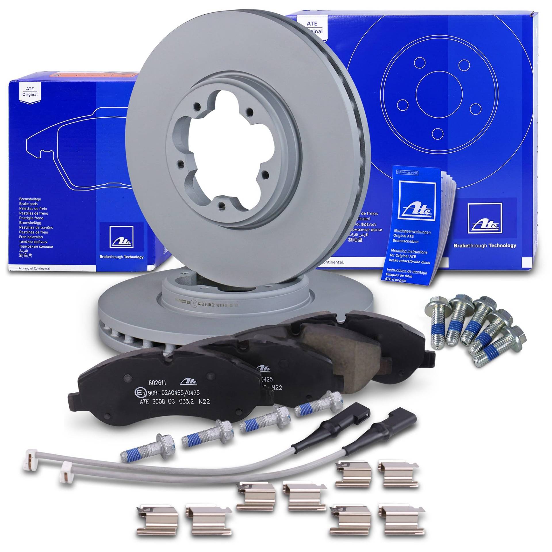 ATE Bremsenset Vorderachse inkl. Bremsscheiben vorne Ø 288 mm belüftet und Bremsbeläge vorne + Warnkontakt Kompatibel mit FORD TOURNEO CUSTOM V362 (F3, FY, FZ), TRANSIT V363 (FAD, FBD, FCD, FDD, FED) von ATE