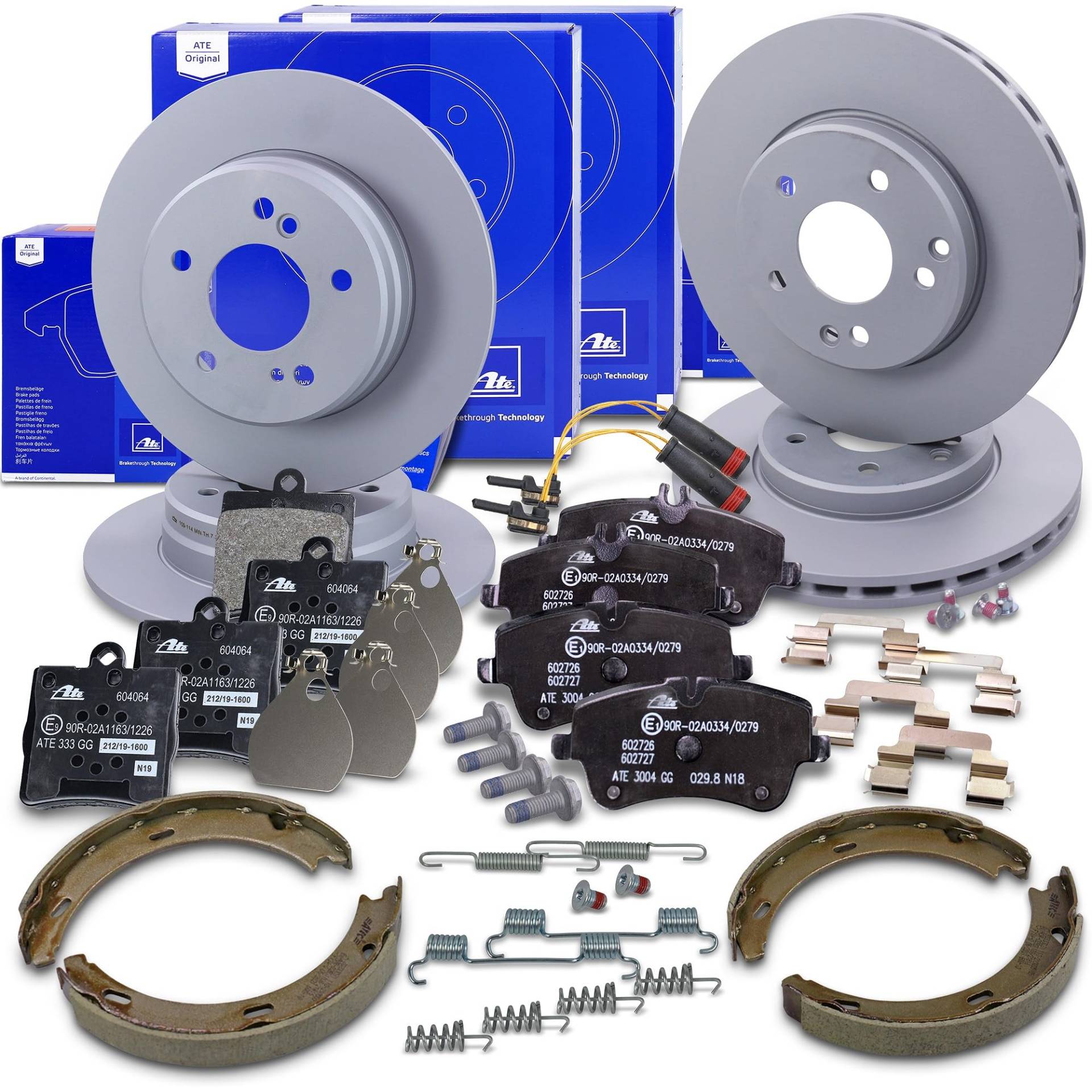 ATE Bremsenset inkl. Bremsscheiben vorne Ø 288 mm belüftet + hinten Ø 278 mm voll und Bremsbeläge vorne + hinten und Warnkontakt und Bremsbacken Kompatibel mit MERCEDES C-Klasse, CLC-Klasse, CLK, SLK von ATE