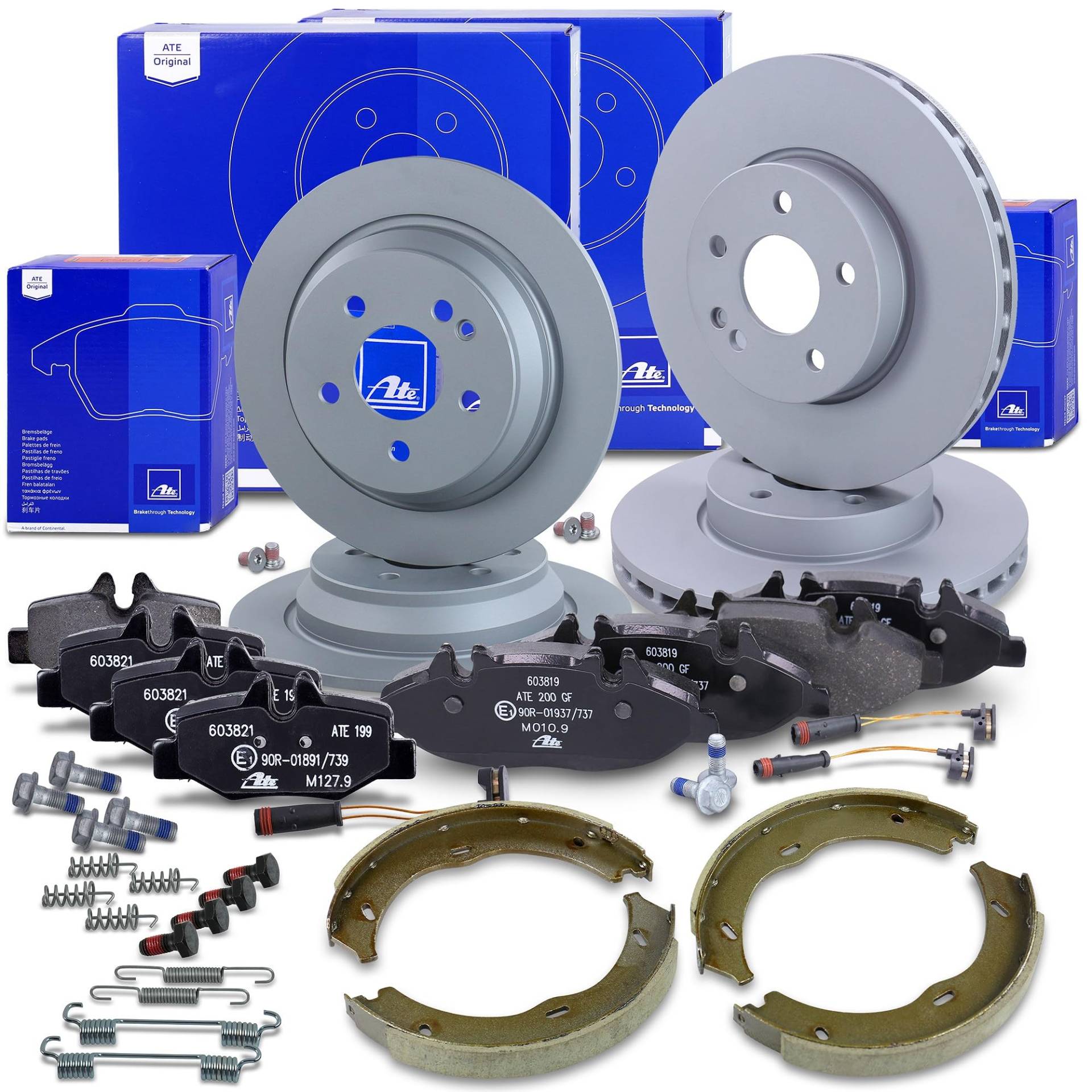 ATE Bremsenset inkl. Bremsscheiben vorne Ø 300 mm belüftet + hinten Ø 296 mm voll und Bremsbeläge vorne + hinten und Warnkontakt und Bremsbacken Kompatibel mit MERCEDES VIANO (W639), VITO (W639) von ATE