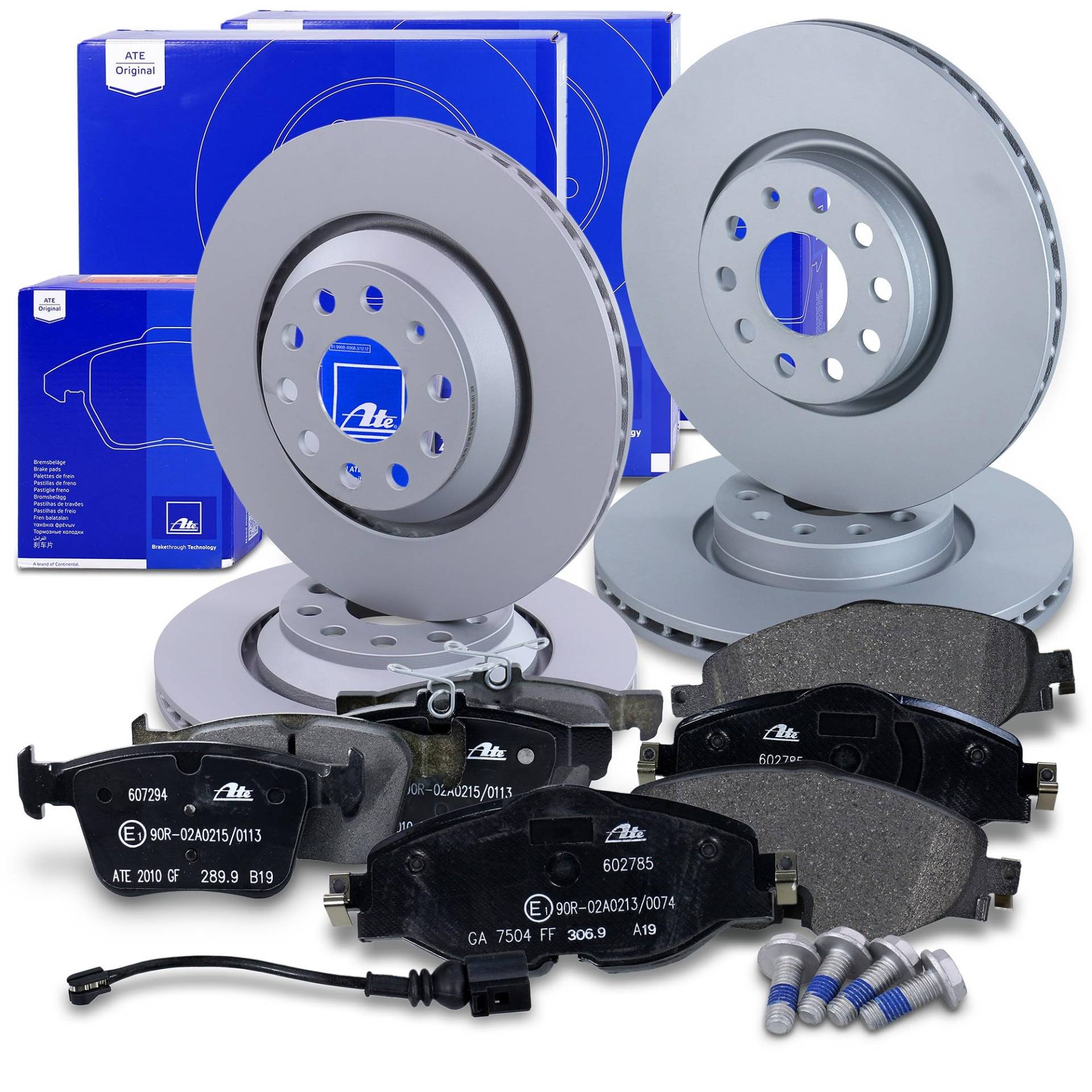 ATE Bremsenset inkl. Bremsscheiben vorne Ø 312 mm belüftet + hinten voll und Bremsbeläge vorne + hinten und Verschleißkontakt Kompatibel mit AUDI, SEAT LEON, SKODA, VW von ATE