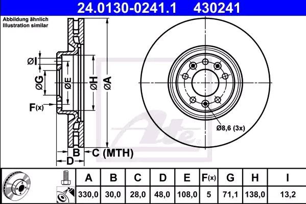 ATE Bremsscheibe OPEL,PEUGEOT,CITROËN 24.0130-0241.1 9804605780 Bremsscheiben,Scheibenbremsen von ATE