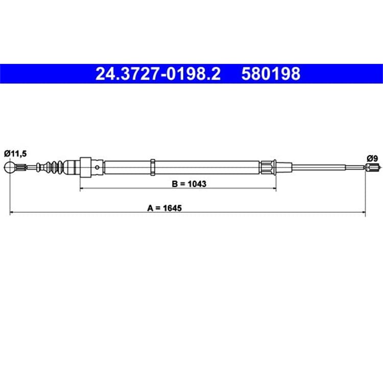 ATE Handbremsseil hinten L?nge: 1645 Seat Cordoba Ibiza Skoda Fabia VW Polo + Kombi von ATE