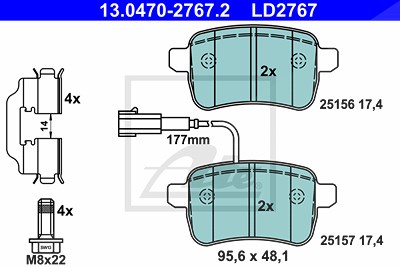 Ate CERAMIC Bremsbelagsatz mit Warnkontakt hinten [Hersteller-Nr. 13.0470-2767.2] für Alfa Romeo von ATE